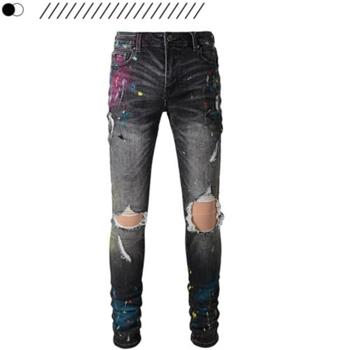 Jeans Pants Trousers Denim Men Stretch Slim Fit Street Trendy Black Personalized Graffiti Spray Paint Dotted Hole Hairy Casual(Black,33)2