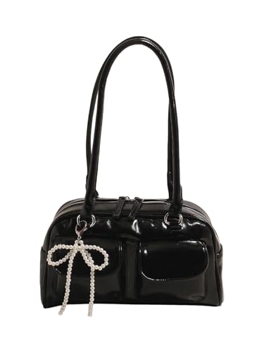 Verdusa Women's Bow Leather Shoulder Handbags Vintage Top Handle Bowling Bag with Pocket