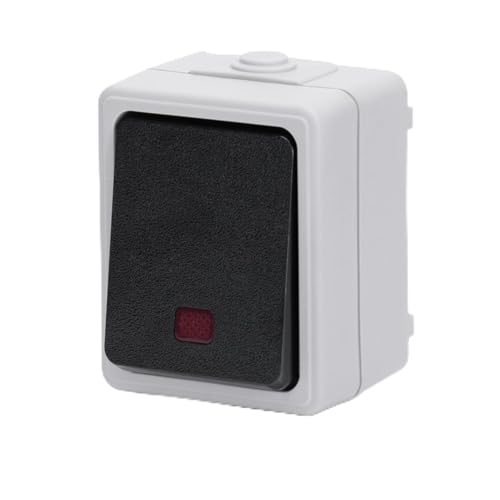 Interruptor de superficie de 1 llave y 2 vías, color gris; ideal para controlar luces y electrodomésticos en hogares y oficinas.