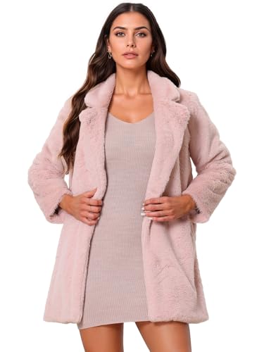 Allegra K Abrigo de piel sintética para mujer, con solapa, cálido, para invierno, con frente abierto, mullido, Rosa (Dusty Pink), M