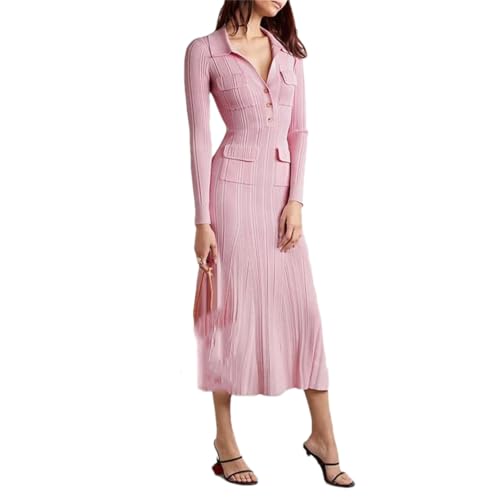 Hndudnff Women's Lapel Slim Fit Knitted Midi Dress Waisted Office Long Dress