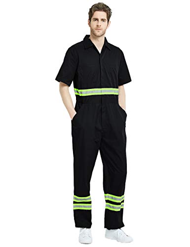 TOPTIE Short-Sleeve Coverall Safety Enhanced Visibility Striped One Piece Jumpsuit-Black-3XL