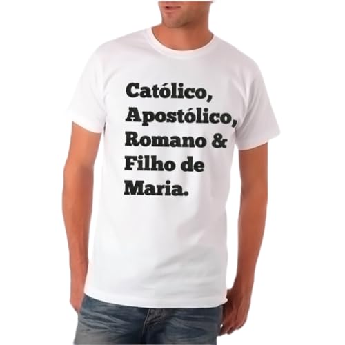 Camisa de Malha Masculina Bordada Católico Filho De Maria (BR, Alfa, M, Regular, BRANCA)