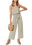 Cosygal Women's Casual Off Shoulder Strapless Belted Wide Leg Jumpsuit Romper Khaki Small