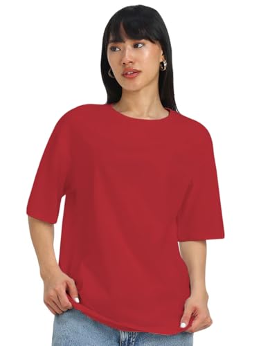 Image of JUNEBERRY Pure Cotton Oversized Baggy Fit Half Sleeve Drop Shoulder Plain Solid Round Neck T-Shirt for Women (Available in Black, White, Lilac, Cork, Maroon, Royal Blue, Swan White, Soap Nut Colors)