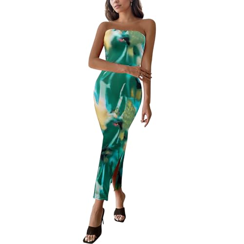 Image of Women's Tube Top Maxi Dresses Printed Tie Dye Strapless Bodycon Long Dress Split Side Sleeveless Party Elegant Outfits