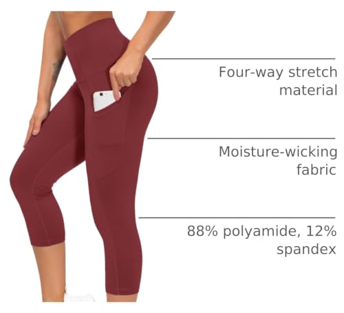 Image of THE GYM PEOPLE Thick High Waist Capris Yoga Pants with Pockets, Tummy Control Workout Running Yoga Leggings for Women