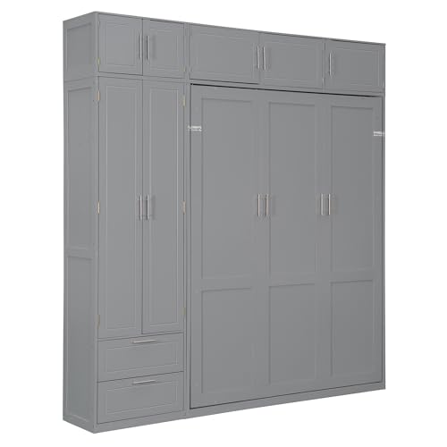 Image of Merax Queen Size Murphy Bed with Shelves, Top Cabinet and Wardrobe, Fold into The Wall, Space-Saving Design Foldable Platform Bed Frame for Bedroom, Guest Room, Home Office, Gray