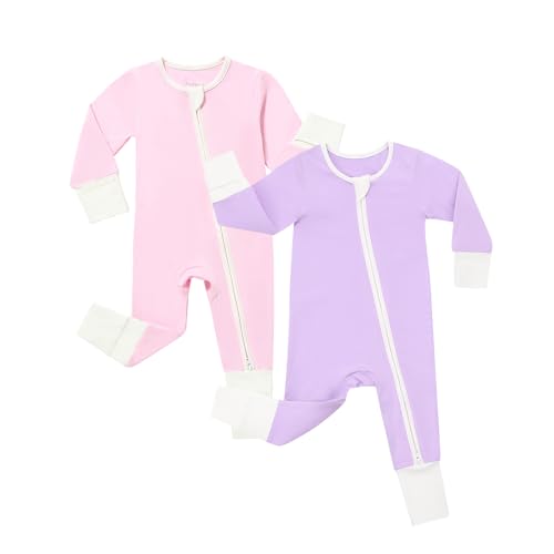 Image of JunNeng Rayon from Bamboo Baby Romper Sleeper with Mitten Cuffs Feet,Newborn Boy Girl Zipper Snug Fit Sleep 'N Play (Purple+Pink, 0-3 Months)