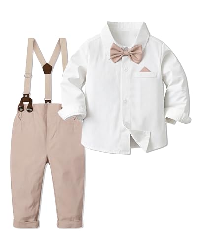 Image of SANGTREE Baby Suits for Boys Gentleman Wedding Outfits Long Sleeve Dress Shirt Suspender Pants Bowtie Boy Clothes Set, 1-6T