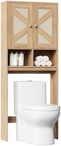 HOOBRO Over The Toilet Storage Cabinet, Bathroom Over Toilet Organizer with Rattan-Style Doors, Farmhouse Bathroom Storage Shelf, Adjustable Shelves, Laundry Room, Natural NL23TS01