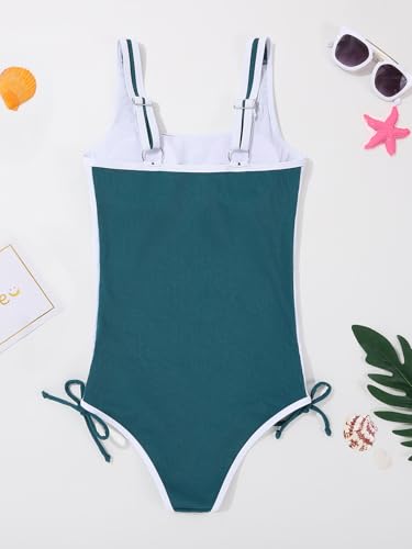 Image of Girls One Piece Swimsuits Ribbed Bathing Suit Teen Girls Adjustable Straps Drawstring Athletic Swimwear Swim Suit