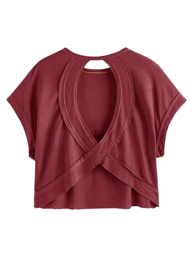 Image of SOLY HUX Women Open Back Tops Workout Backless Tee Casual Athletic Shirts Short Sleeve Oversized Gym T Shirt