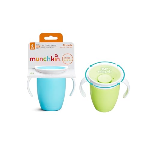 Munchkin Vaso Aprendizaje, Set de Vasos 360° con Asas, Vaso Antiderrame Libre de BPA para Bebés a Partir de los 6 Meses y Niños Pequeños, Apto para Lavavajillas, Lote de 2 x 207 ml, Azul/Verde