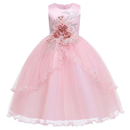 Flower Girl Dresses Embroidered 3D Floral Beads Applique Maxi Princess Wedding Party Bridesmaid Pageant Communion Formal Gown