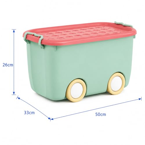 Image of JD FRESH 25 Litre Rolling Toy Storage Box /Colorful Car-Shaped Kids Toy Storage Organizer /Large Size Plastic Storage Box with Wheels & Handle /Stackable Storage Container Box (Pack of 1, Green)