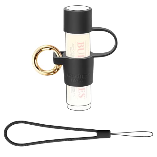 Desing Wish Silicone Chapstick Holder with Cap Cover 0.6 Diameter Portable Lip Balm Holder Key Chain Sleeve Chapstick Keychain Holder with Wrist Strap Lanyard - Black