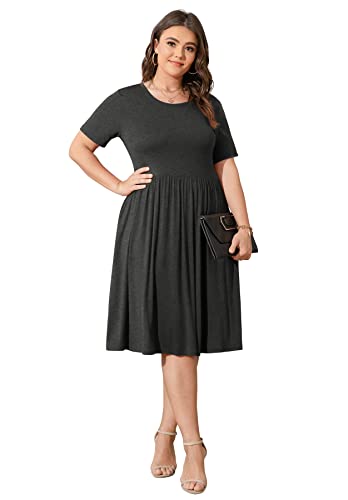 Image of POSESHE Womens Plus Size Summer Dress 2026 Casual Short Sleeve Empire Waist Loose Fit Swing T-Shirt Dress with Pockets