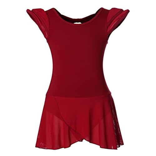 DANSHOW Girls’ Ballet Dance Leotards with Flutter Sleeve Petal Skirt and Bowknot Back Burgundy 4-6 Years