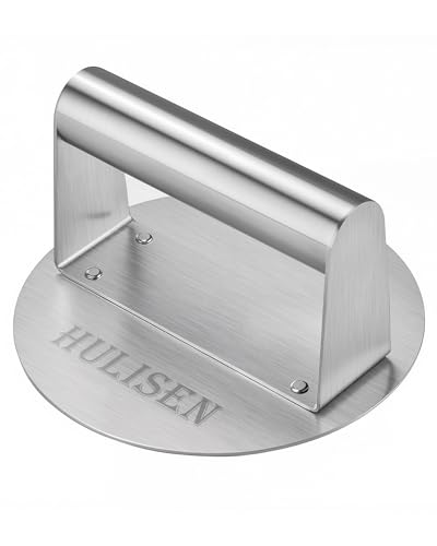 HULISEN Burger Press, Stainless Steel Burger Smasher, 5.5 Inch Round Grill Press, Professional Griddle Accessories Kit for Flat Top Smashing Smashed Burger, Hamburger Patty Meat, Steak, Bacon