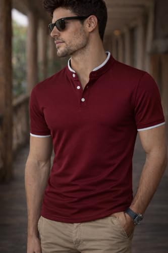 Image of Dagcros Men Polo T-Shirt, with White Trim, Short Sleeve, Button Collar Tshirt for Mens