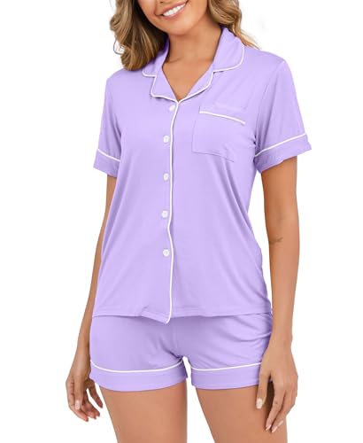 Image of Womens Pajamas Set Short Sleeve Sleepwear Button Down Pjs Shorts Set Soft Pjs Lounge Set With Pockets