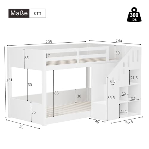 Dolamaní Hochbett Etagenbett 2 Kinder 90x200 cm mit Treppe, Kinderbett Mit & Schließfächern & Rausfallschutz, Kinderzimmer kinderhochbett, Stockbett für Mädchen Junge, Weiß