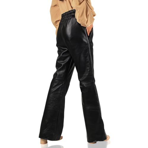 Women's Genuine Lambskin Classic Flare Leather Pants (Black, Leather Joggers) - 24240012