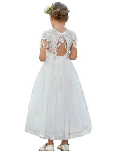 BIBIHOU Girls Lace Dress Boho Backless A Line Short Sleeve Party Flower Girl Dress 4-14 Years