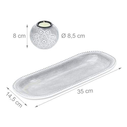 Relaxdays Teelichthalter Set mit Tablett & Steinen, 35 cm lang, Tischdeko Wohnzimmer, Esszimmer, Kerzenhalter, grau/weiß