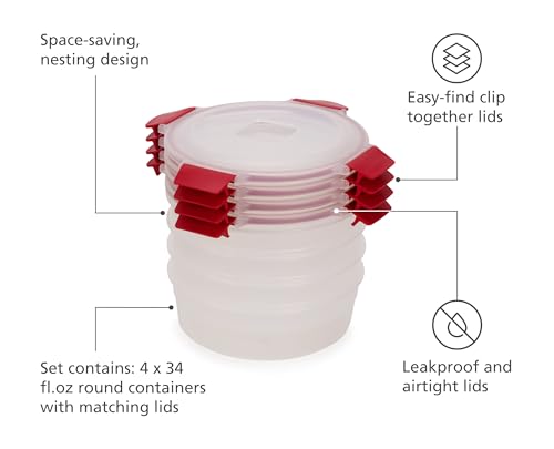 Image of Joseph Joseph Nest Lock 8-piece Plastic BPA Free Round Food Storage Container Set with Lockable Airtight Leakproof Lids - Red