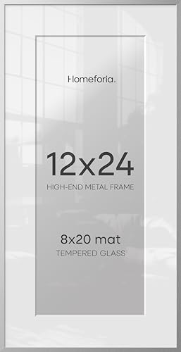 Image of Homeforia 12 x 24 Picture Frame Silver, High End Metal 12x24 Poster Frames with Mat 8x20 Photo, 12 x 24 Silver Frames Matted to 8 x 20 Print, 24by12 Panoramic Frame, Tempered Glass, Wall Kit, Set of 2