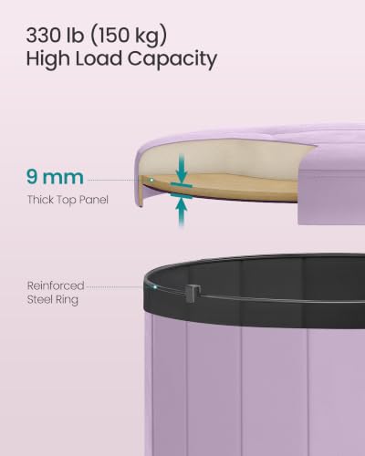Image of SONGMICS Mazie Collection - Round Storage Ottoman, Folding Footrest Stool with Removable Lid, Easy Assembly, Velvet Vanity Stool for Bedroom, Living Room, Entryway, Purple ULSF608PE01