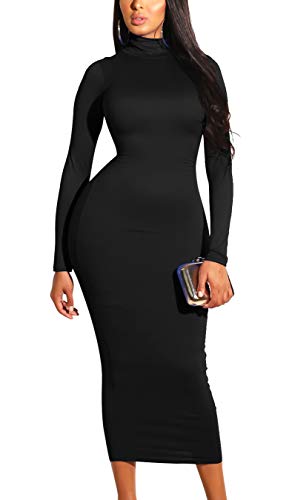 GOBLES Women s Sexy Turtleneck Long Sleeve Elegant Bodycon Party Long Dress Black