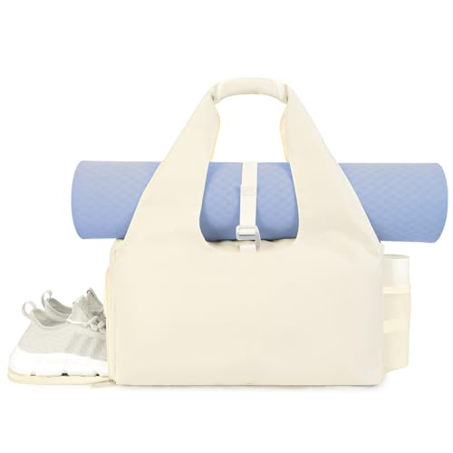 sportsnew Bolsas femininas de ginástica de ioga com compartimento para sapatos e bolsos de armazenamento seco úmido com suporte ajustável para tapete de ioga, bege, patente pendente