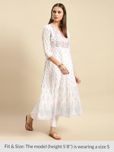 Image of rangita Off White Cotton Calf Length Embroidered Anarkali Kurti for Women | Kurta for Women