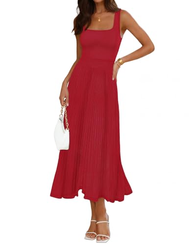 MEROKEETY Womens Summer Midi Dress 2026 Spring Sleeveless Pleated A Line Casual Business Work Cocktail Vacation Dresses Red M