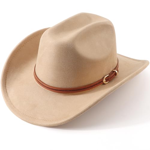 AQOKKA Western Cowboy Hats for Women Classic Felt Wide Brim Fedora Hat with Belt Buckle Retro Panama Hat Unisex Rolled up Cap