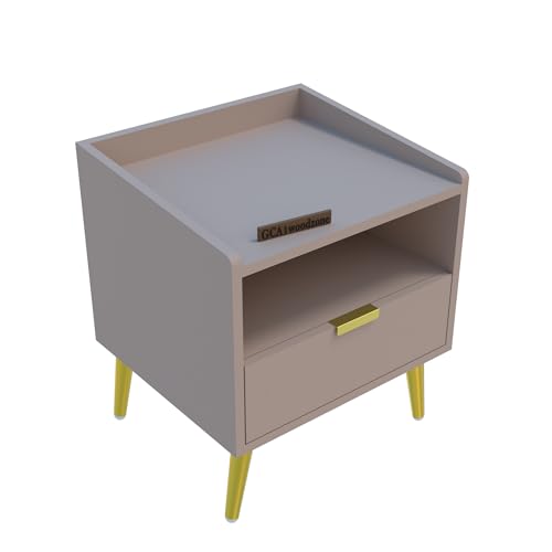 Image of Wooden Bedside Table for Bedroom | Wooden Bed Side Nightstand Lamp Table with 1 Drawers & Open Shelf Storage for Home & Hotels | HDMR Premium Wood & Iron Legs|Light Beige(Pack of 2)