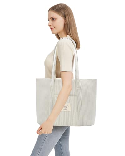 Image of TeeYee Women's Large Corduroy Tote Bag Zippered Shoulder Bag with Pockets | Strawberry Print Bag,Fits 15.6 inch Laptop,Wide Shoulder Straps,Large Capacity,Everyday Tote Bag,Multiple Pockets Design