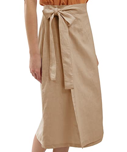 Amazhiyu Womens Pure Linen Summer Beach Midi Side Wrap Slit Skirt Causal2