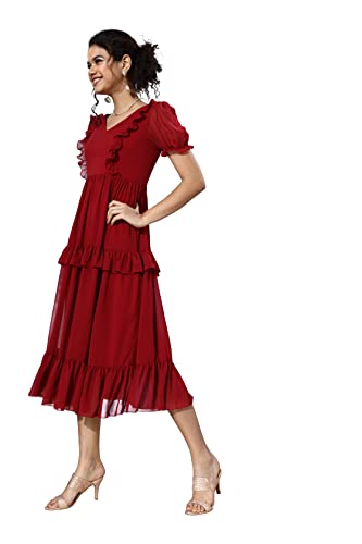 Image of Miss Chase Women's Maroon V-Neck Puff Sleeve Solid Tiered Ankle-Length Dress