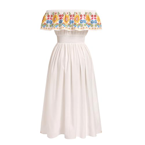 Image of ABEHIK Mexican Dresses for Women Traditional Off Shoulder Summer Floral Sunflower Fiesta Long Maxi Dress Cinco de Mayo Outfit
