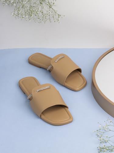 Image of Inc.5 Womens Beige Solid Open Toe Casual Slip-on Flats Slide Sandal