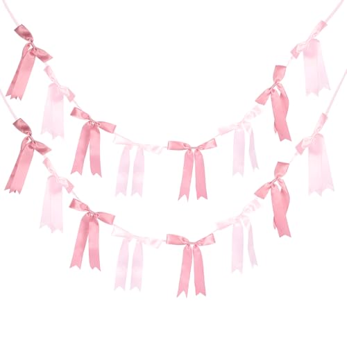 Mioxskrey Pink Bow Garlands Banner Decoration 2 Strings 16PCS Pre-Strung Satin Ribbon Hanging Ornaments for Birthday Baby Shower Girls Nursery Dcor Wedding Party Bow Themed Supplies 6.5 Feet