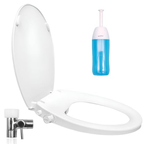 GenieBidet Bidet Toilet Seat Elongated - Dual Nozzles with T adapter & Bottle - Adjustable Water Pressure & Slow Close Bidet Seat Elongated with No Wiring & Easy Installation