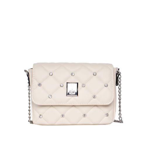 Bolsa Feminina Vizzano Napa Transversal Pequena Soft Strech em Matelassê com Correntes e Pedrarias Off White - U