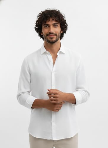 Image of Men's Linen Cotton Shirt | Solid Design | Full Sleeve | Regular Fit | Button Down Collar | Summer Casual & Formal Wear