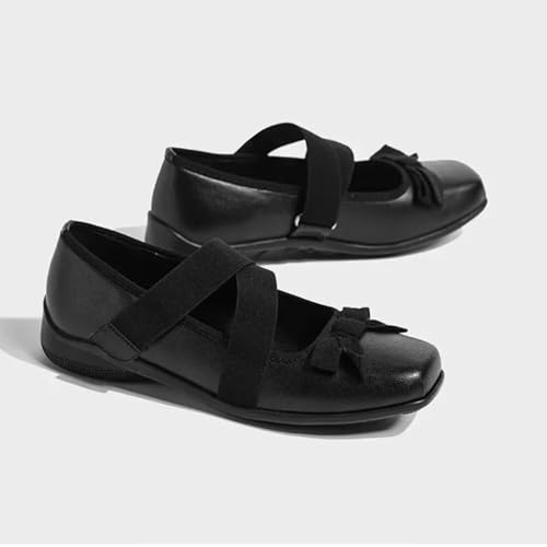 ChaiRong Zhou Women Bowknot Mary Jane Pu Leather Ballet Flats Elastic Strap Casual Party Dress Shoes2