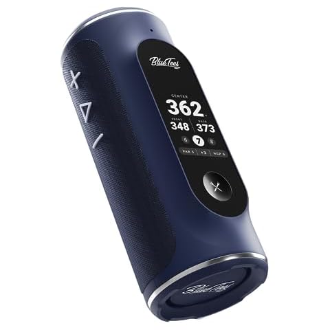 Blue Tees Golf Player+ GPS Speaker with Touch Screen Display, 10+ Hours Battery, 40,000+ Courses, Visual + Audible Distance, Hazard Distance - IPX7 Waterproof (Navy) Cover